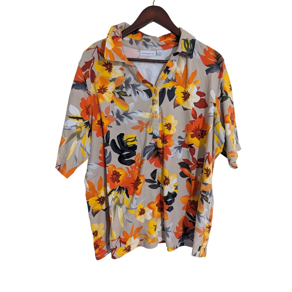 Susan Graver Weekend Floral Polo Shirt 3X Orange Yellow Autumn Fall Classic
